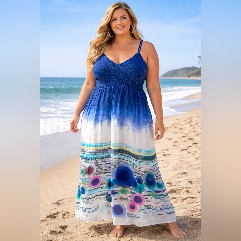 NWT Desigual Spaghetti Strap Maxi Boho Beachy Sundress Blue & White - Size 44
